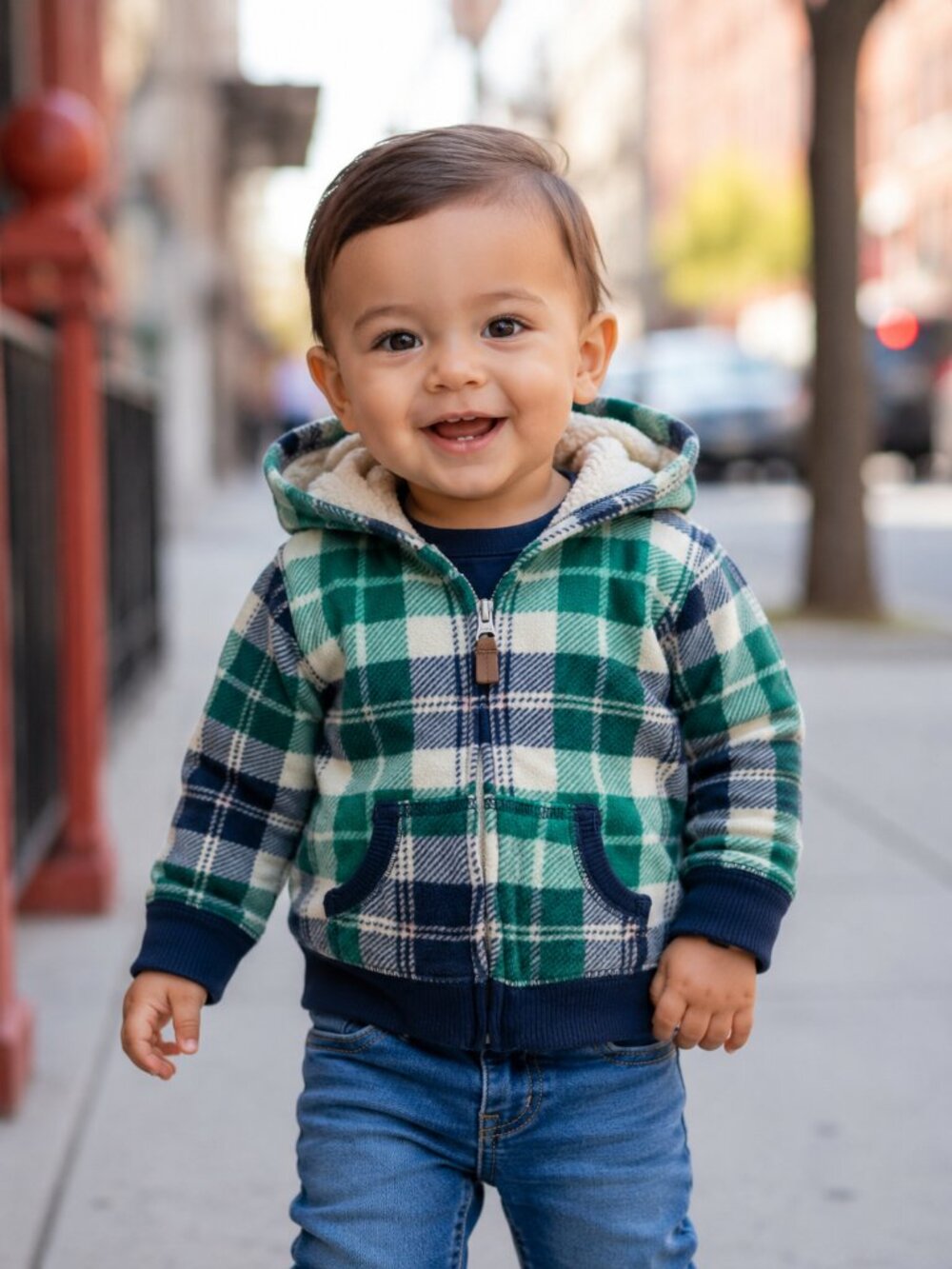 Carter's Toddler Plaid Zip Hoodie Jacket Sherpa Hood Green Blue 18M